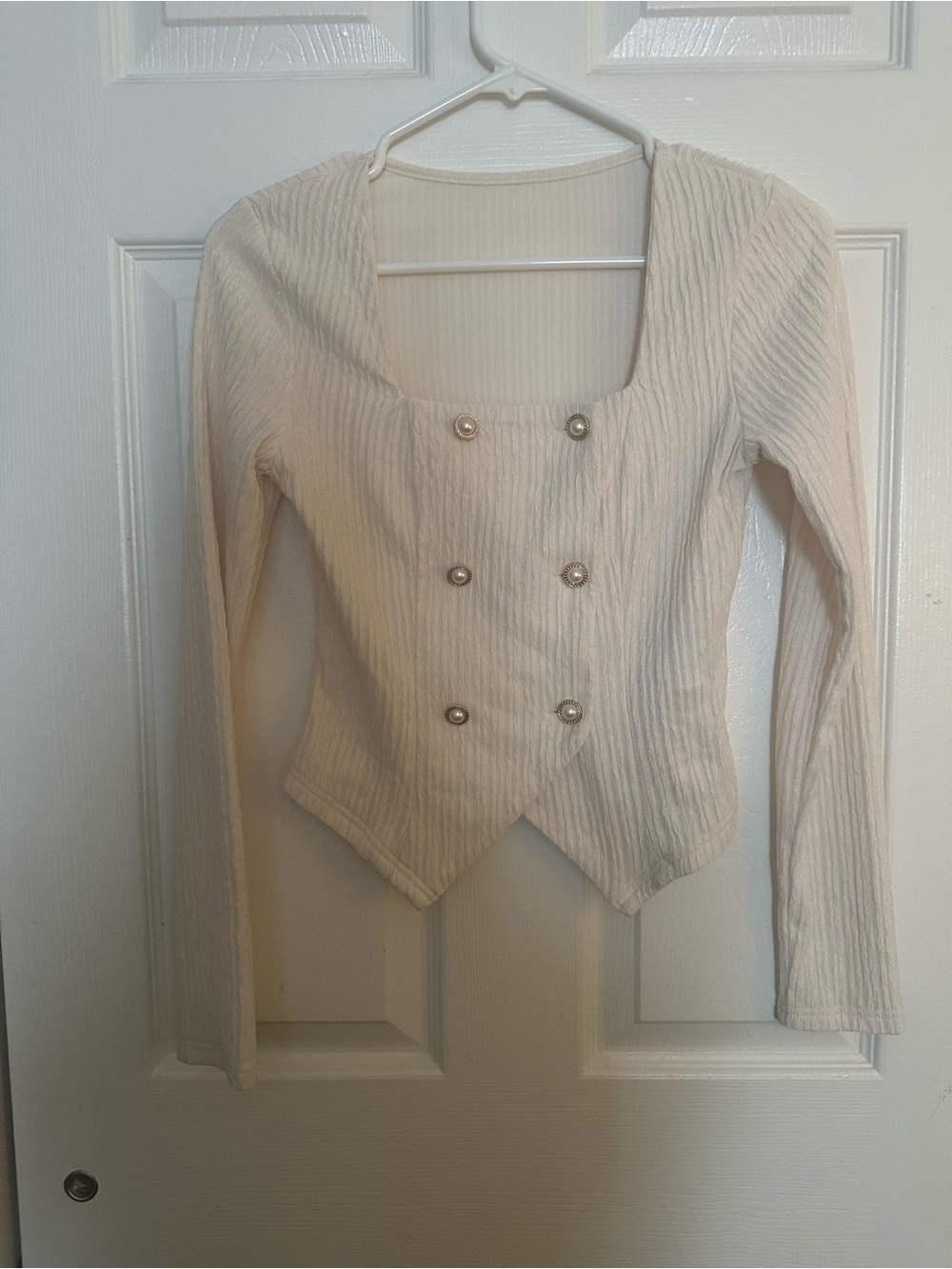 SHEIN Cream Double-Breasted Ribbed Square-Neck Blazer